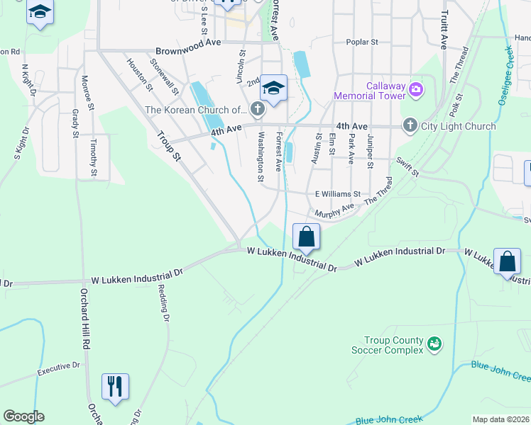 map of restaurants, bars, coffee shops, grocery stores, and more near 1406 Forrest Avenue in LaGrange