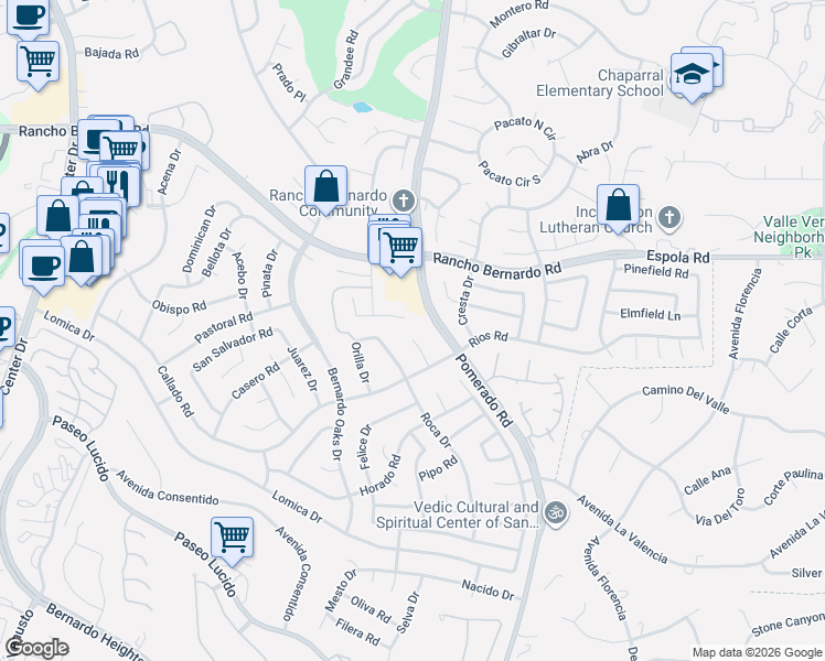 map of restaurants, bars, coffee shops, grocery stores, and more near 12465 Meandro Road in San Diego