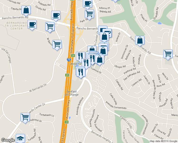 map of restaurants, bars, coffee shops, grocery stores, and more near 11641-11699 Avena Place in San Diego