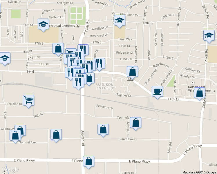 map of restaurants, bars, coffee shops, grocery stores, and more near 1366 Rigsbee Drive in Plano