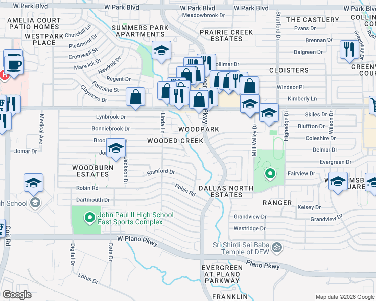 map of restaurants, bars, coffee shops, grocery stores, and more near 3011 Brookshire Drive in Plano