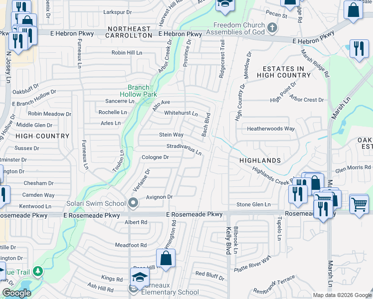 map of restaurants, bars, coffee shops, grocery stores, and more near 2036 Stradivarius Lane in Carrollton