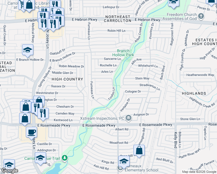 map of restaurants, bars, coffee shops, grocery stores, and more near 2024 Lyon Court in Carrollton