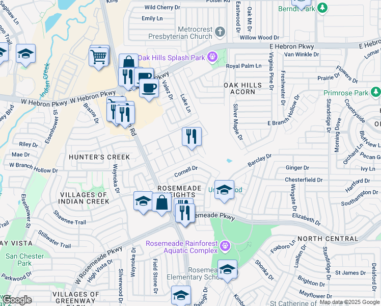 map of restaurants, bars, coffee shops, grocery stores, and more near 3830 Old Denton Road in Carrollton