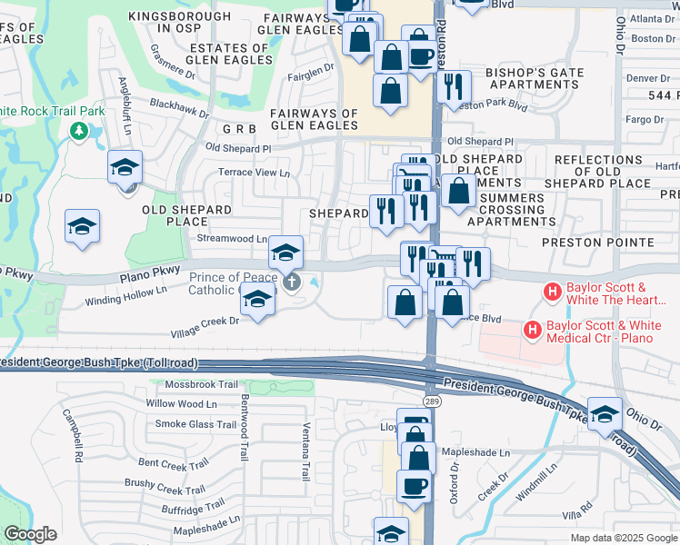 map of restaurants, bars, coffee shops, grocery stores, and more near 5072 W Plano Pkwy in Plano
