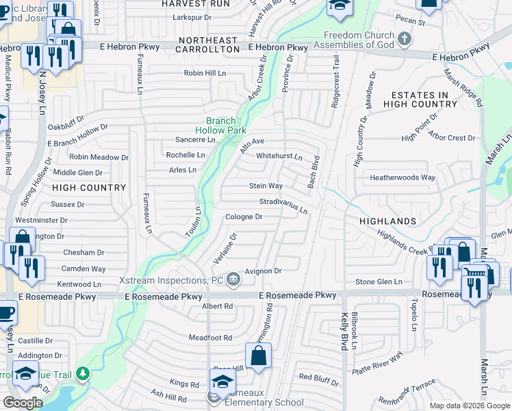 map of restaurants, bars, coffee shops, grocery stores, and more near 2022 Stradivarius Ln in Carrollton