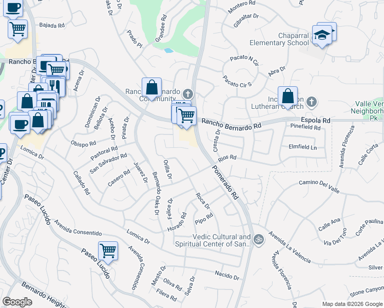 map of restaurants, bars, coffee shops, grocery stores, and more near 12465 Meandro Road in San Diego