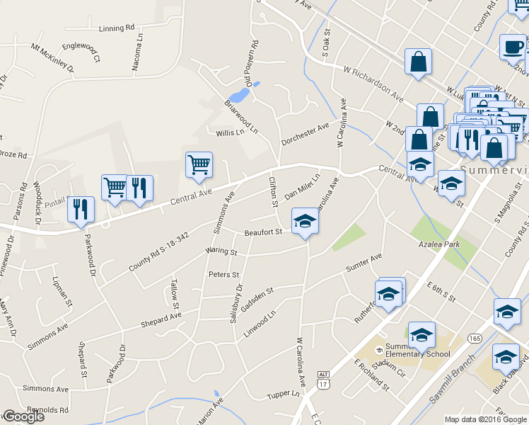 map of restaurants, bars, coffee shops, grocery stores, and more near 104 Knights Lane in Summerville