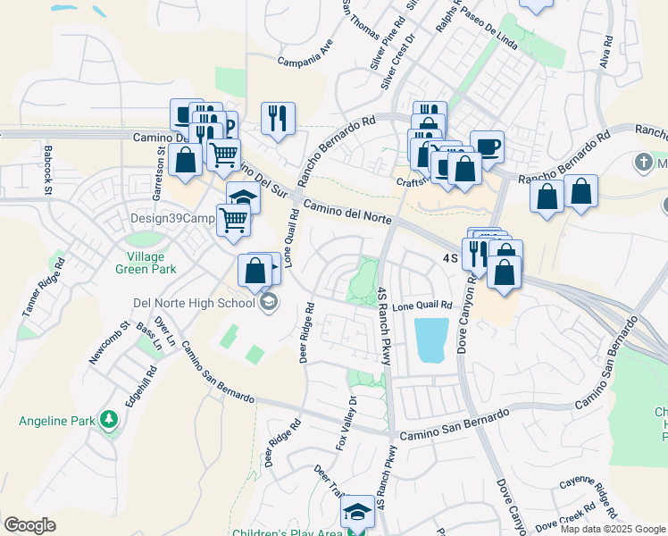 map of restaurants, bars, coffee shops, grocery stores, and more near 16647 Deer Ridge Road in San Diego
