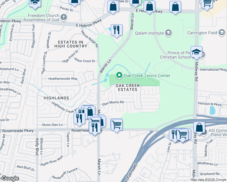 map of restaurants, bars, coffee shops, grocery stores, and more near 3812 Maywood Drive in Carrollton
