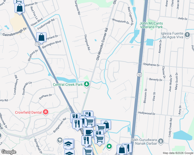 map of restaurants, bars, coffee shops, grocery stores, and more near 114 Turnbury Road in Goose Creek