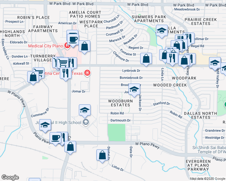 map of restaurants, bars, coffee shops, grocery stores, and more near 3501 Jomar Drive in Plano