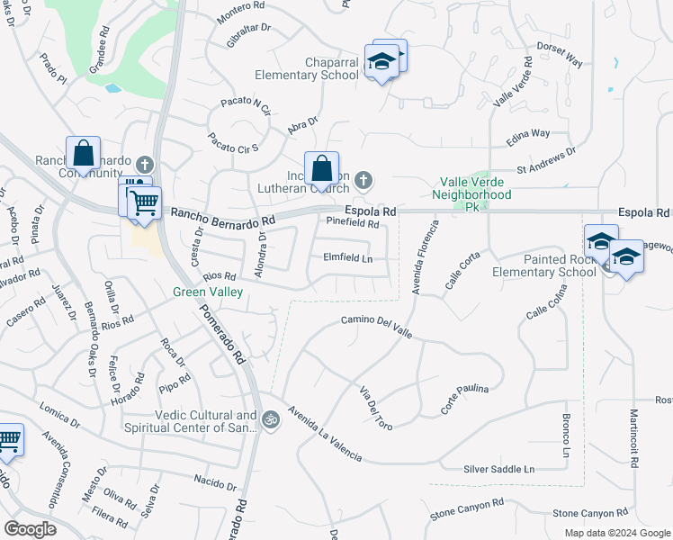 map of restaurants, bars, coffee shops, grocery stores, and more near 12842 Rios Road in Poway