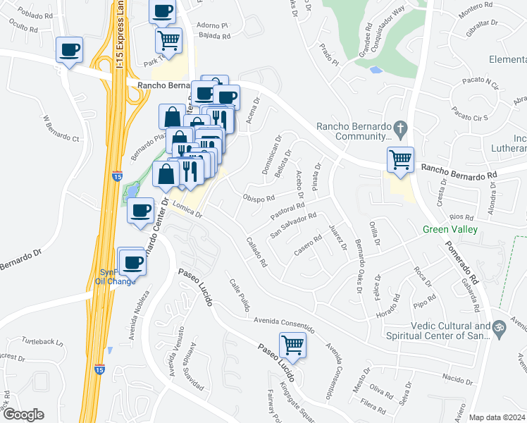 map of restaurants, bars, coffee shops, grocery stores, and more near 16741 Obispo Lane in San Diego