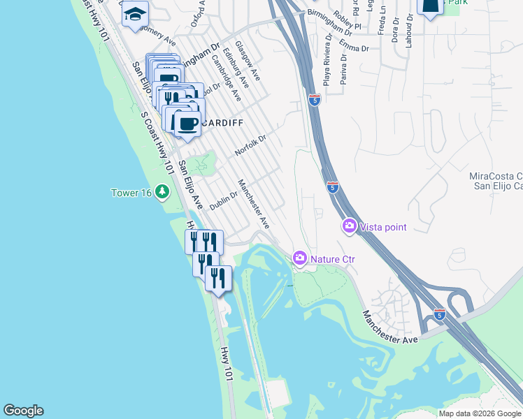 map of restaurants, bars, coffee shops, grocery stores, and more near 2480 Montgomery Avenue in Encinitas