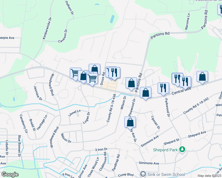 map of restaurants, bars, coffee shops, grocery stores, and more near Central Avenue in Summerville