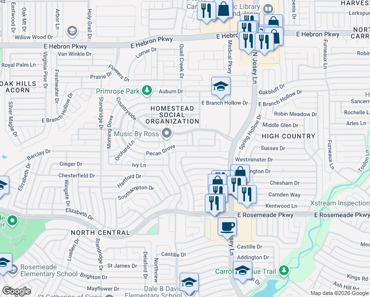 map of restaurants, bars, coffee shops, grocery stores, and more near 1814 Pecan Grove in Carrollton