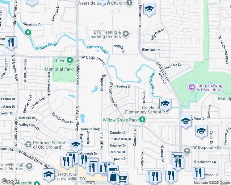 map of restaurants, bars, coffee shops, grocery stores, and more near 907 Brittany Drive in Lewisville