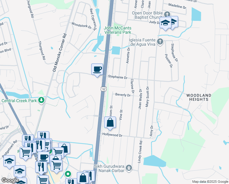map of restaurants, bars, coffee shops, grocery stores, and more near 99 Beverly Drive in Goose Creek