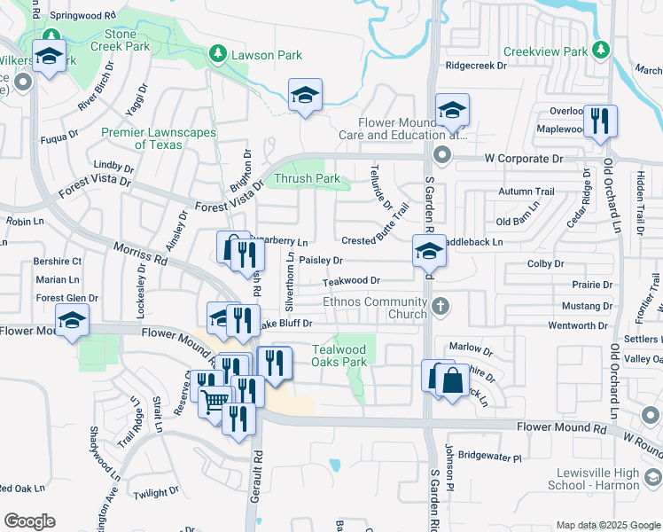 map of restaurants, bars, coffee shops, grocery stores, and more near 745 Paisley Drive in Flower Mound