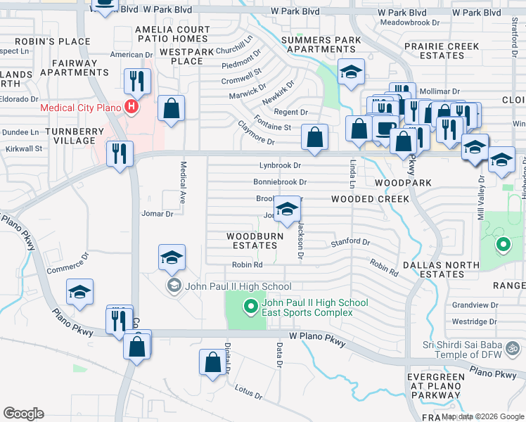 map of restaurants, bars, coffee shops, grocery stores, and more near 3413 Jomar Drive in Plano