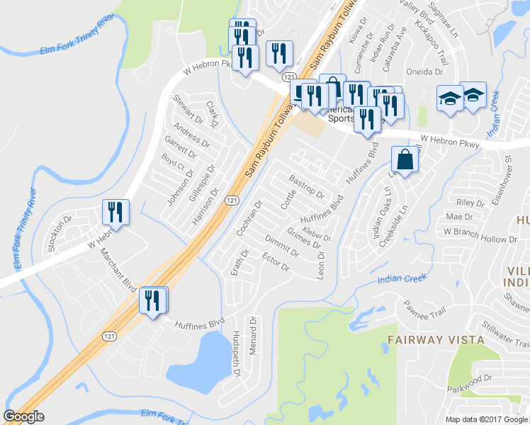 map of restaurants, bars, coffee shops, grocery stores, and more near 1524 Caldwell Circle in Carrollton