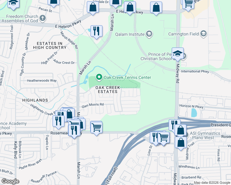 map of restaurants, bars, coffee shops, grocery stores, and more near 3824 Grandview Drive in Carrollton