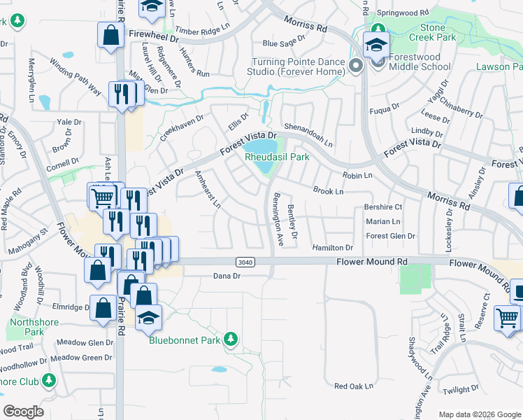 map of restaurants, bars, coffee shops, grocery stores, and more near 2212 Remmington Drive in Flower Mound