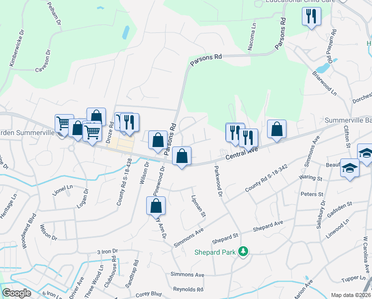 map of restaurants, bars, coffee shops, grocery stores, and more near 100 Pintail Drive in Summerville