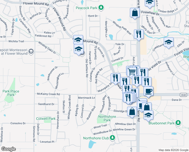 map of restaurants, bars, coffee shops, grocery stores, and more near 2300 Columbia Drive in Flower Mound