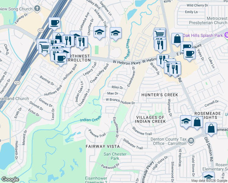 map of restaurants, bars, coffee shops, grocery stores, and more near 1336 Mae Drive in Carrollton