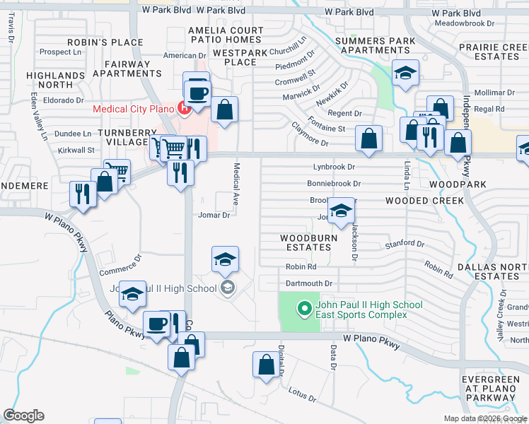 map of restaurants, bars, coffee shops, grocery stores, and more near 3613 Jomar Drive in Plano
