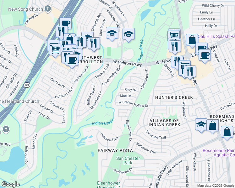 map of restaurants, bars, coffee shops, grocery stores, and more near 1372 Mae Drive in Carrollton