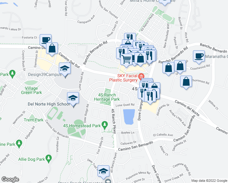 map of restaurants, bars, coffee shops, grocery stores, and more near 16691 4S Ranch Parkway in San Diego