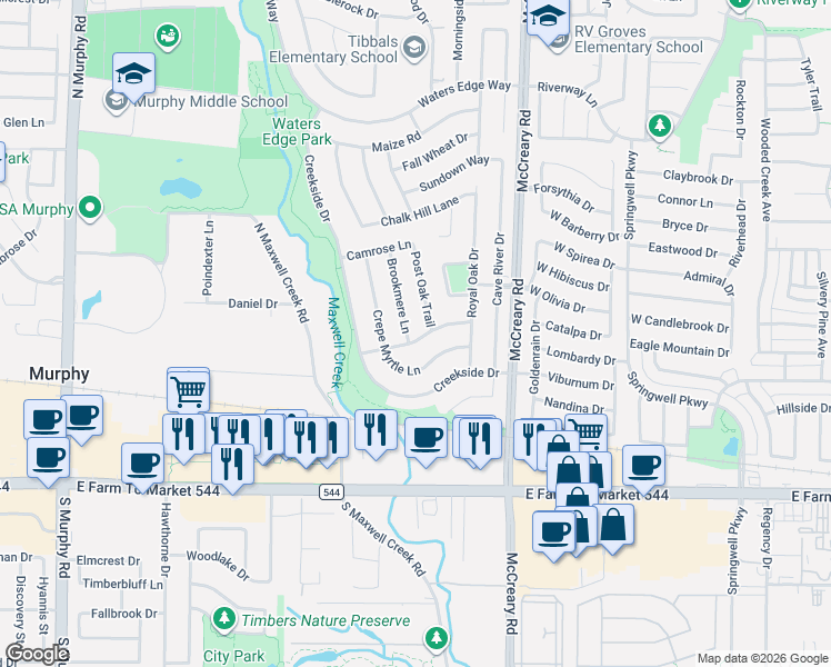 map of restaurants, bars, coffee shops, grocery stores, and more near 302 Brookmere Lane in Murphy