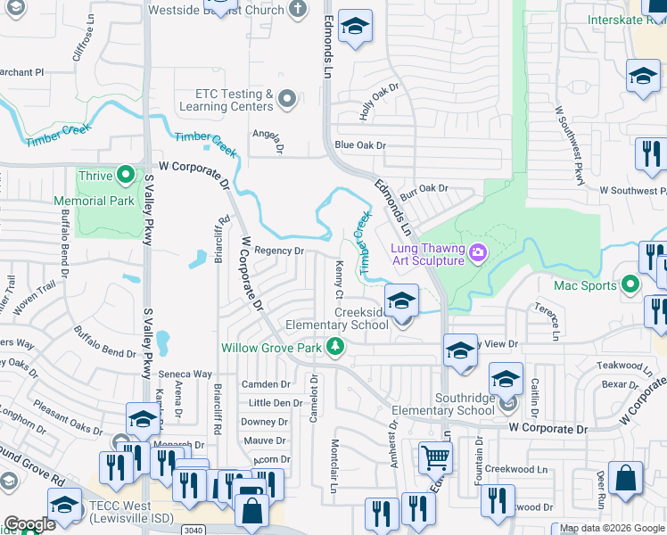 map of restaurants, bars, coffee shops, grocery stores, and more near 2005 Kenny Court in Lewisville