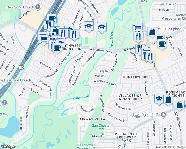 map of restaurants, bars, coffee shops, grocery stores, and more near 1372 Mae Drive in Carrollton