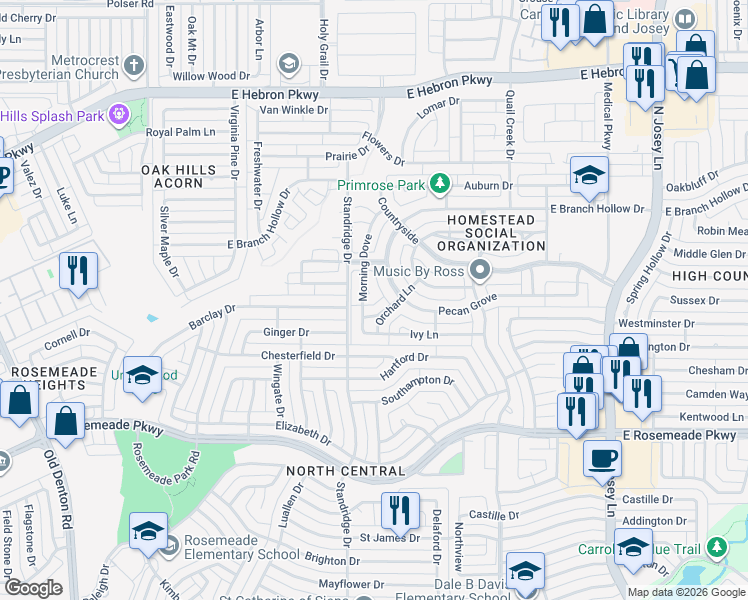 map of restaurants, bars, coffee shops, grocery stores, and more near 3816 Morning Dove in Carrollton