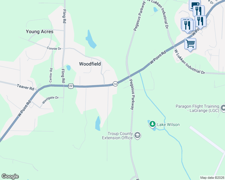 map of restaurants, bars, coffee shops, grocery stores, and more near 2639 West Point Road in LaGrange