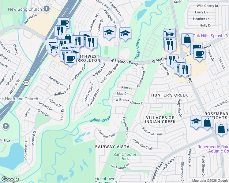 map of restaurants, bars, coffee shops, grocery stores, and more near 1372 Mae Drive in Carrollton