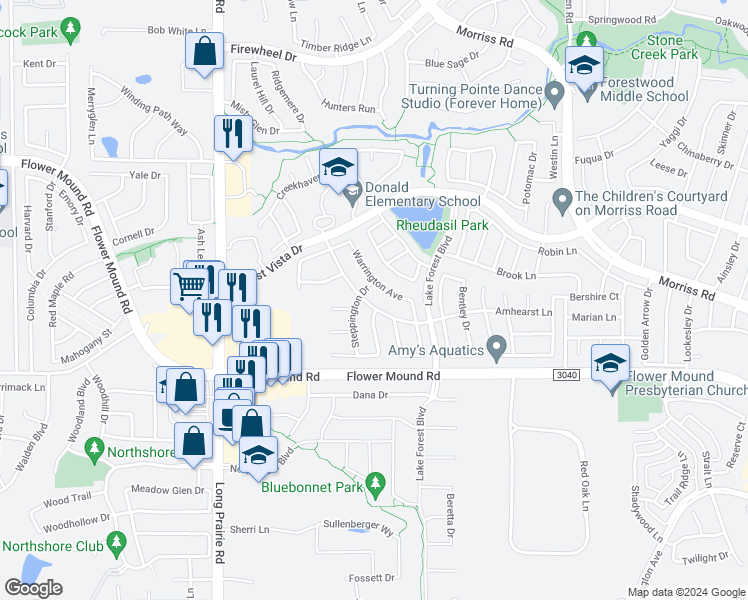 map of restaurants, bars, coffee shops, grocery stores, and more near 2228 Amhearst Lane in Flower Mound