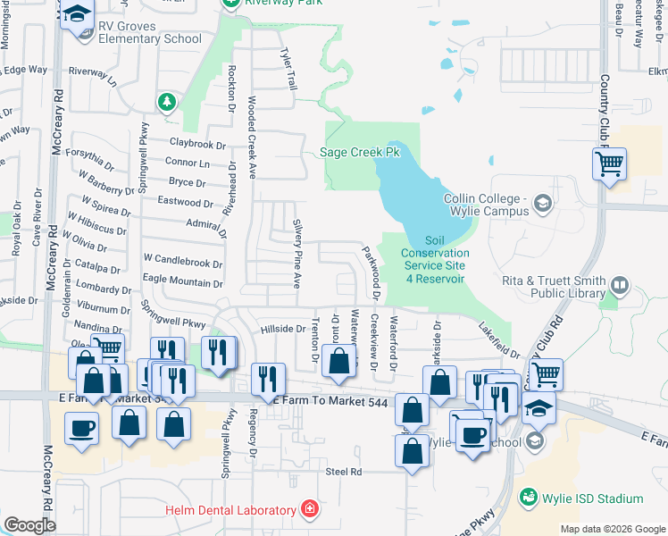 map of restaurants, bars, coffee shops, grocery stores, and more near 2607 Idlewood Drive in Wylie