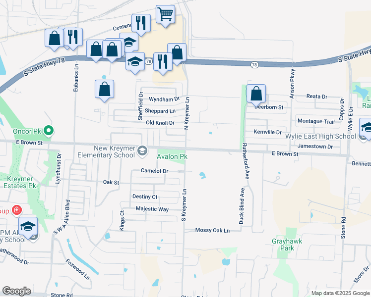 map of restaurants, bars, coffee shops, grocery stores, and more near E Brown St & S Kreymer Ln in Wylie