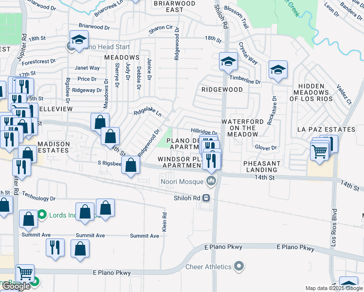 map of restaurants, bars, coffee shops, grocery stores, and more near 3500 Hillridge Drive in Plano