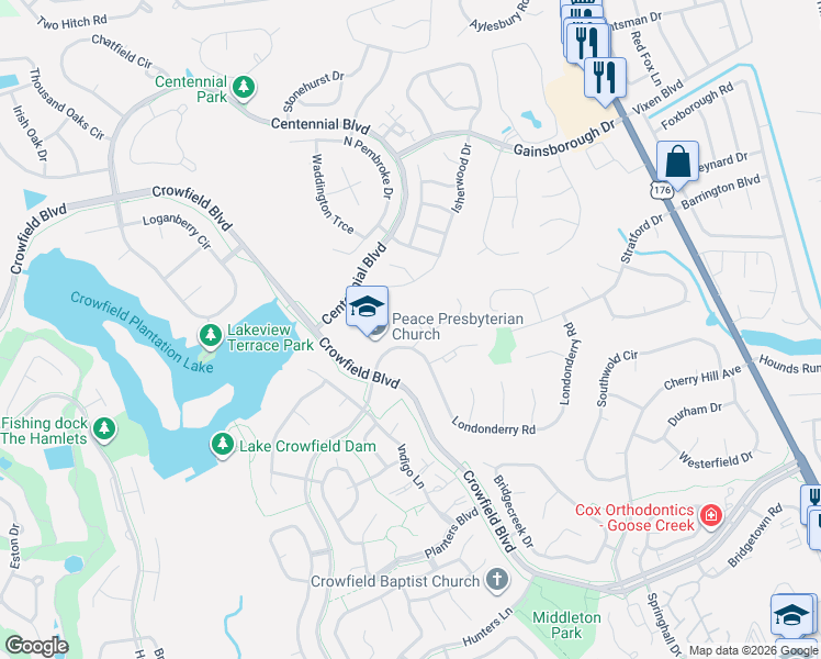 map of restaurants, bars, coffee shops, grocery stores, and more near 101 Claydon Court in Goose Creek