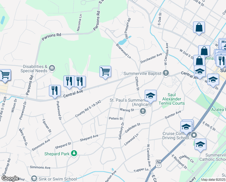 map of restaurants, bars, coffee shops, grocery stores, and more near 122 Simmons Avenue in Summerville