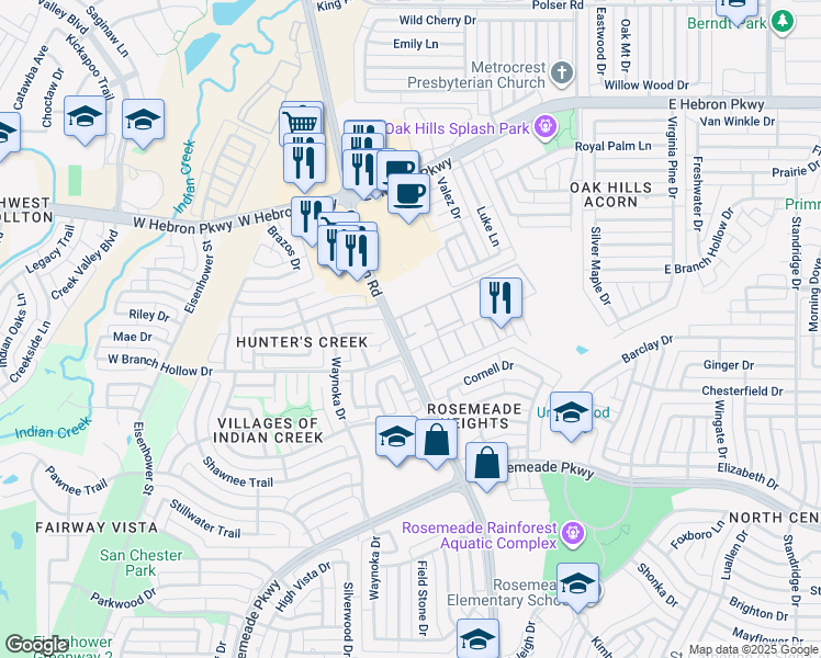 map of restaurants, bars, coffee shops, grocery stores, and more near 3910 Old Denton Road in Carrollton