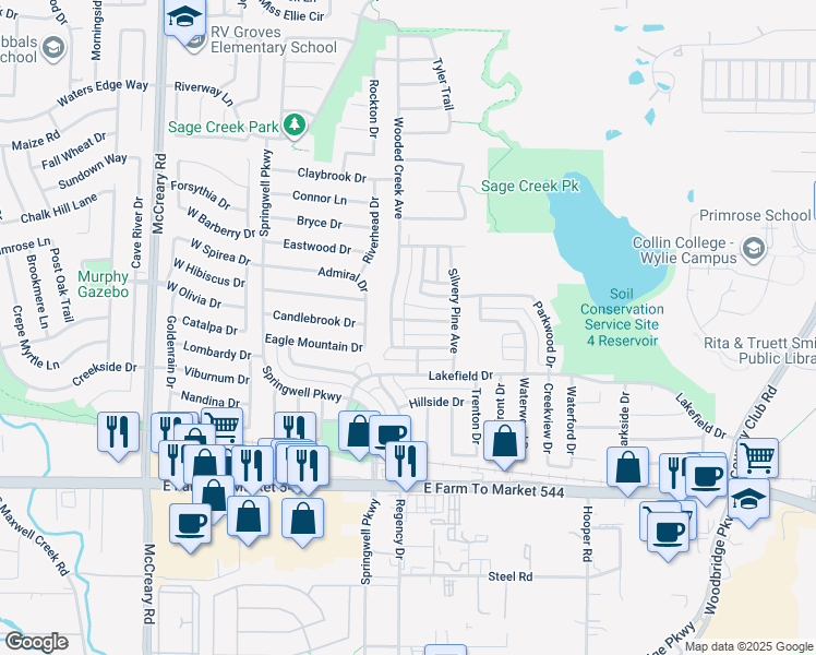 map of restaurants, bars, coffee shops, grocery stores, and more near 2713 Sugar Maple Drive in Wylie