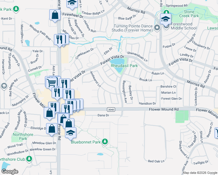 map of restaurants, bars, coffee shops, grocery stores, and more near 2213 Warrington Avenue in Flower Mound