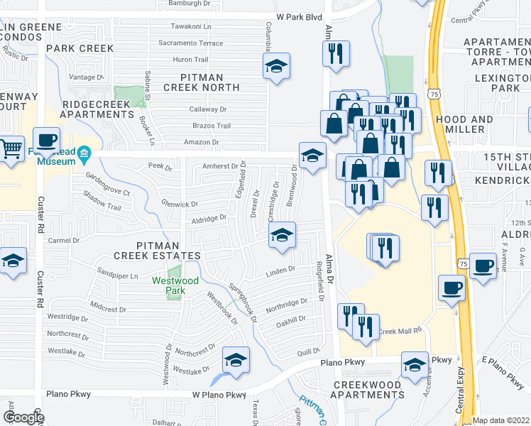 map of restaurants, bars, coffee shops, grocery stores, and more near 1119 Crestridge Drive in Plano